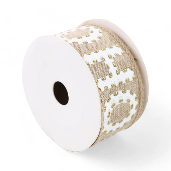 Imagem FITA ARAMADA NATALINA HOHOHO DECORATIVA EM POLIÉSTER DOURADA E BRANCO 3,8CM X 9,14M
