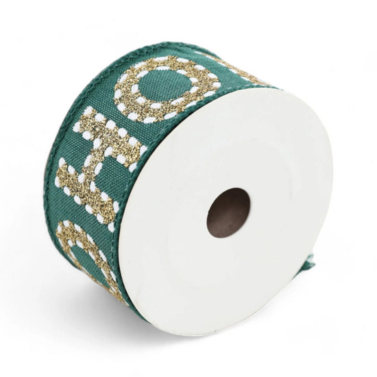 Imagem FITA ARAMADA NATALINA HOHOHO DECORATIVA EM POLIÉSTER VERDE E DOURADA 3,8CM X 9,14M