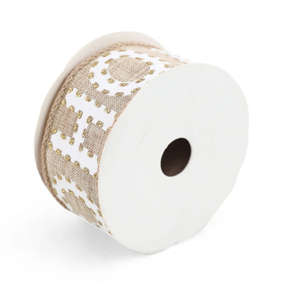 Imagem FITA ARAMADA NATALINA HOHOHO DECORATIVA EM POLIÉSTER DOURADA E BRANCO 3,8CM X 9,14M