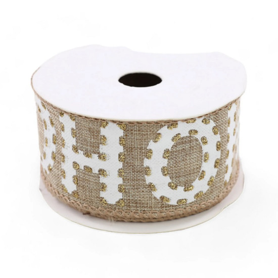 Imagem FITA ARAMADA NATALINA HOHOHO DECORATIVA EM POLIÉSTER DOURADA E BRANCO 3,8CM X 9,14M