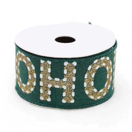 Imagem FITA ARAMADA NATALINA HOHOHO DECORATIVA EM POLIÉSTER VERDE E DOURADA 3,8CM X 9,14M