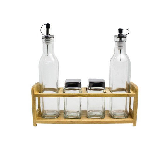 Imagem JOGO 4 GALHETEIROS E CONDIMENTOS COM BASE DE MADEIRA - MIMO 