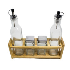 Imagem de JOGO 4 GALHETEIROS E CONDIMENTOS COM BASE DE MADEIRA - MIMO  - Mimo Importacao Exportacao Ltda