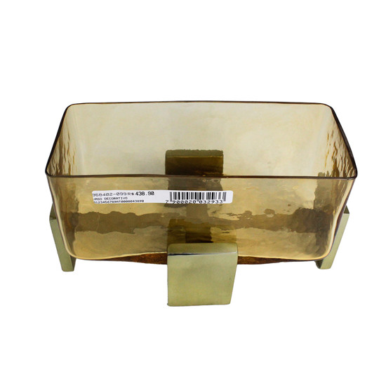 Imagem VASO RETANGULAR DECORATIVO EM VIDRO COM AMBAR E BASE EM METAL DOURADO 12X23X12 CM