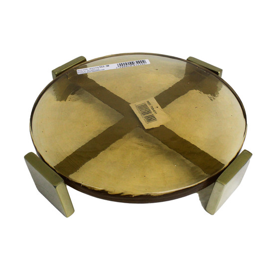 Imagem BANDEJA DECORATIVA EM VIDRO NA COR AMBAR COM BASE EM METAL DOURADO 5X25X25 CM