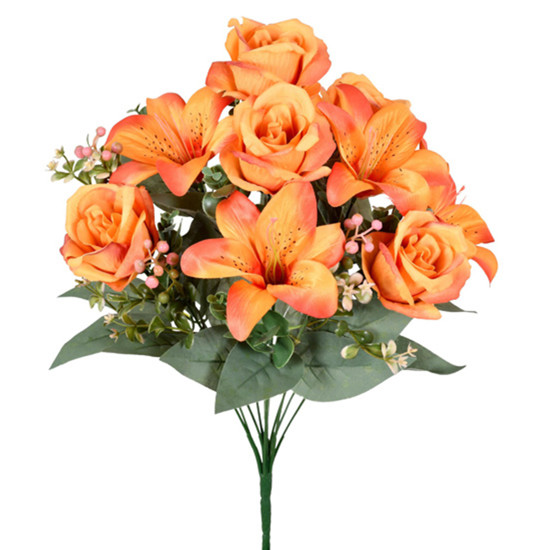 Imagem BUQUÊ MISTO DECORATIVO DE ROSAS E LÍRIOS LARANJA EM PLÁSTICO MOLDÁVEL 46X15CM - GRILLO