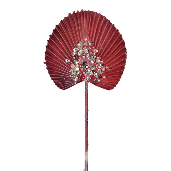 Imagem HASTE NATALINA LEQUE PALMEIRA VERMELHA COM DETALHES EM GLITTER 40X14 CM GRILLO 57192