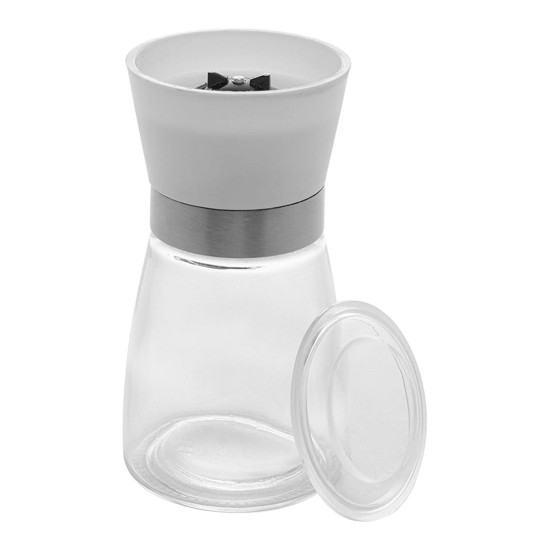 Imagem MOEDOR DE TEMPERO EM VIDRO TRANSPARENTE COM TAMPA BRANCA 170ML 13X6 CM