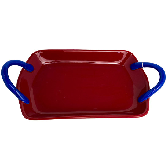 Imagem BANDEJA DECORATIVA EM CERÂMICA VERMELHA E ALÇA AZUL 33X17X4 CM - MABRUK