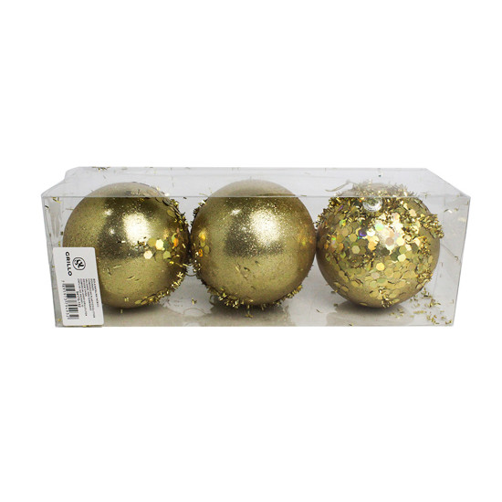 Imagem JOGO DE BOLAS NATALINA COR DOURADO COM GLITTER 3 PEÇAS 10CM - GRILLO 54175