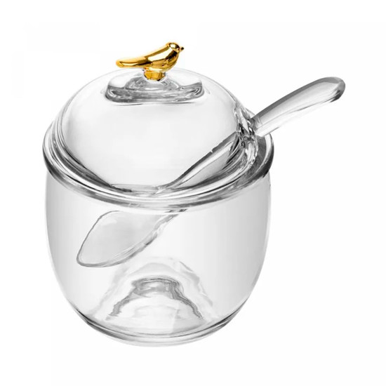 Imagem AÇUCAREIRO EM VIDRO COM COLHER E TAMPA GOLDEN BIRD 150ML 12X7 CM - WOLFF