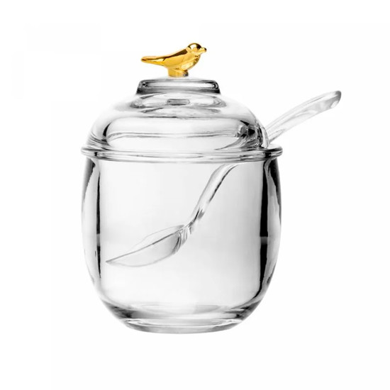 Imagem AÇUCAREIRO EM VIDRO COM COLHER E TAMPA GOLDEN BIRD 150ML 12X7 CM - WOLFF