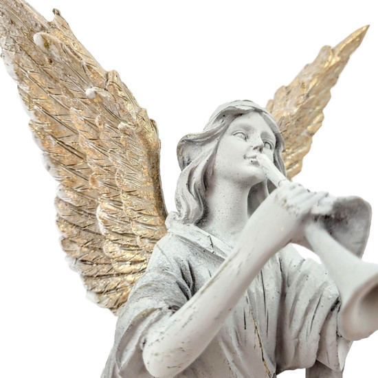 Imagem ANJO DECORATIVO CINZA E DOURADO EM RESINA COM TROMPETE 35X18X14 CM - CROSS
