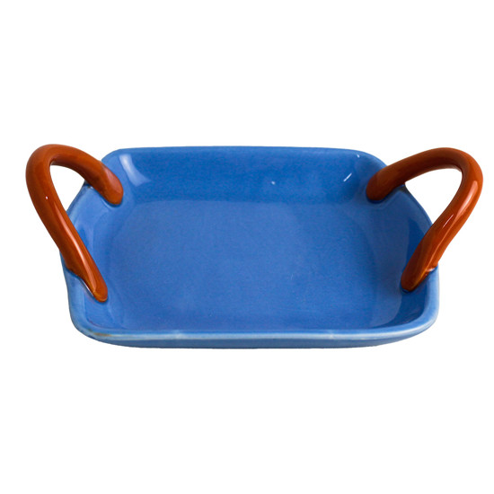 Imagem MINI BANDEJA DECORATIVA EM CERÂMICA AZUL E ALÇA LARANJA 20X15X6 CM - MABRUK