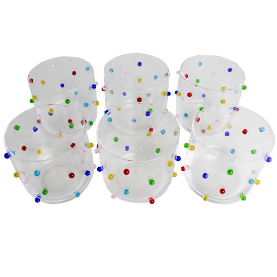 Imagem CONJUNTO DE 6 COPOS BAIXO EM VIDRO TRANSPARENTE COM PONTINHOS COLORIDO - CROSS