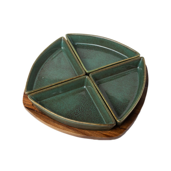 Imagem PETISQUEIRA EM CERÂMICA VERDE COM BASE DE MADEIRA E 4 BOWLS 28X28X5 CM