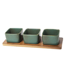 Imagem de PETISQUEIRA EM CERÂMICA VERDE COM 3 BOWLS E BASE EM MADEIRA 31X11X8 CM - Cross Comercial Ltda