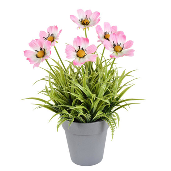 Imagem ARRANJO DE MARGARIDAS COR ROSA EM PLÁSTICO COM FOLHAGEM E VASO EM MELAMINA - GRILLO