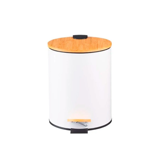 Imagem LIXEIRA 12L EM METAL BRANCO COM TAMPA E PEDAL EM BAMBÚ 38X32X25 CM - PARAMOUNT IND