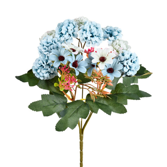 Imagem BUQUÊ DECORATIVO MISTO DE CRISÂNTEMO E MARGARIDA AZUL EM PLÁSTICO 30X20 CM - GRILLO