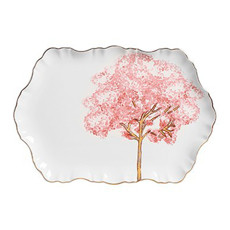 Imagem de TRAVESSA COM BORDA DOURADA YPÊ ROSA EM CERÂMICA BRANCA - SCALLA CERÂMICA - Scalla Ceramica Artistica Ltda-Epp
