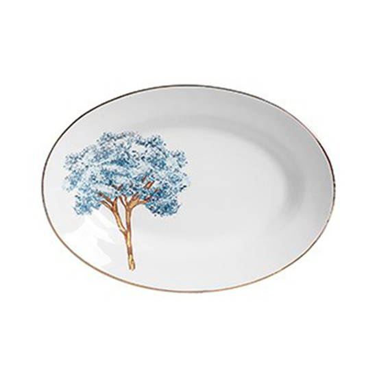 Imagem TRAVESSA PEQUENA COM FILETE DOURADO YPÊ AZUL EM CERÂMICA BRANCA - SCALLA CERÂMICA