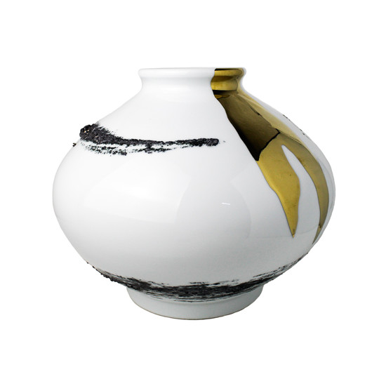 Imagem VASO DECORATIVO EM CERÂMICA BRANCA E DETALHES DOURADOS E PRETO 28X33 CM GRILLO 59317