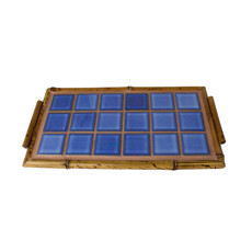 Imagem de BANDEJA RETANGULAR PARA SERVIR DECORATIVA EM BAMBOO E CERÂMICA AZUL 35X18 CM - Sonia Pierry Objetos De Decoracao Eirelli 