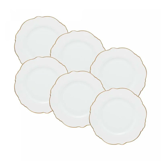 Imagem CONJUNTO 6 PRATOS PARA SOBREMESA EM PORCELANA BRANCA COM BORDA DOURADA - WOLFF