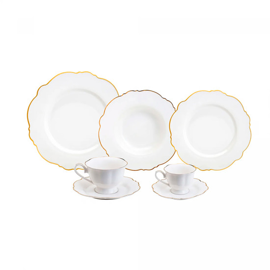 Imagem APARELHO DE JANTAR MALDIVAS 42 PEÇAS EM PORCELANA BRANCA COM BORDA DOURADA - WOLFF
