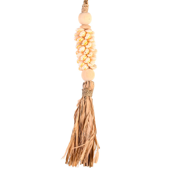 Imagem TASSEL DE MADEIRA COM BÚZIOS AMARELOS E PALHA NATURAL 40X5 CM - CONCHAS ARTESANATO