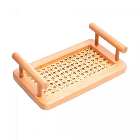 Imagem BANDEJA DECORATIVA EM BAMBÚ COM ALÇAS E FUNDO EM TRELIÇA 25X15X5 CM - WOLFF