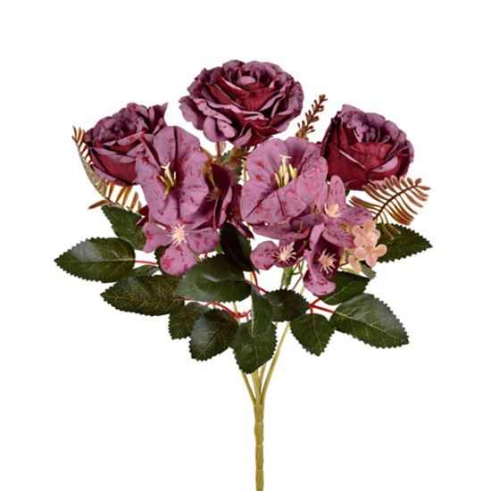 Imagem BUQUÊ MISTO DECORATIVO DE ROSAS PEÔNIA E PETUNIA VINHO EM PLÁSTICO MOLDÁVEL - GRILLO