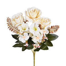 Imagem de BUQUÊ MISTO DECORATIVO DE ROSAS PEÔNIA E PETUNIA CREME EM PLÁSTICO MOLDÁVEL - GRILLO - Grillo Ltda