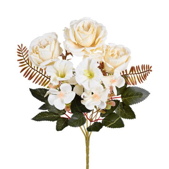 Imagem BUQUÊ MISTO DECORATIVO DE ROSAS PEÔNIA E PETUNIA CREME EM PLÁSTICO MOLDÁVEL - GRILLO