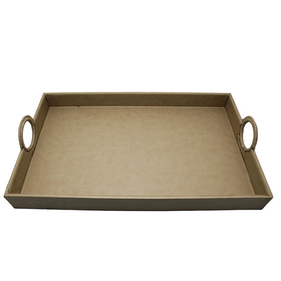 Imagem BANDEJA RETANGULAR COM ALÇA ARGOLA EM COURO SINTÉTICO BEGE 58X35X5 CM - CROSS