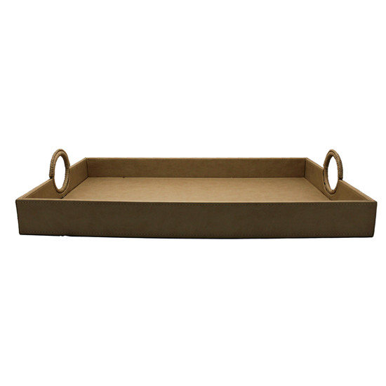 Imagem BANDEJA RETANGULAR COM ALÇA ARGOLA EM COURO SINTÉTICO BEGE 58X35X5 CM - CROSS