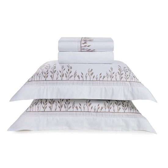Imagem COLCHA FLORA COM PORTA TRAVESSEIROS QUEEN 300 FIOS 100% ALGODÃO BRANCO - TRUSSARDI