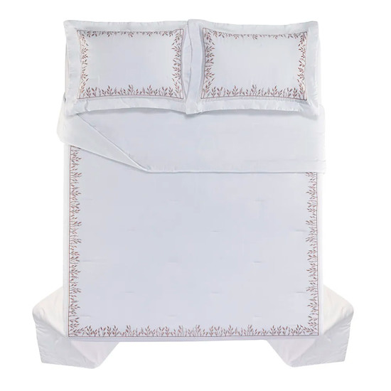 Imagem COLCHA FLORA COM PORTA TRAVESSEIROS QUEEN 300 FIOS 100% ALGODÃO BRANCO - TRUSSARDI
