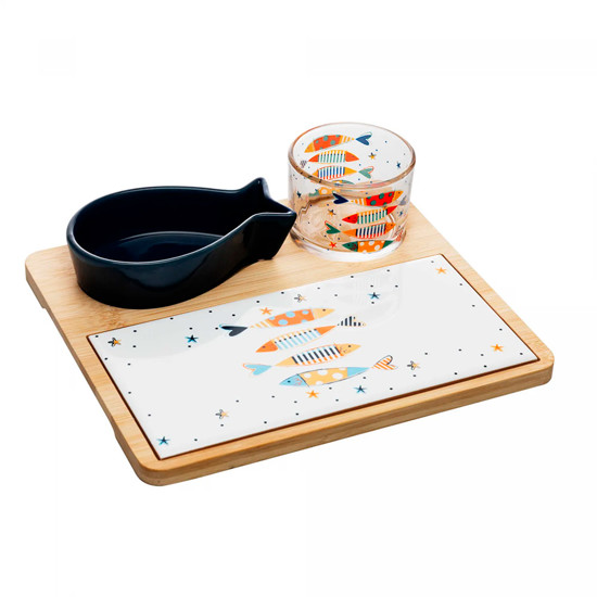 Imagem CONJUNTO 4 PEÇAS PETISQUEIRA DE VIDRO COM BOWL BANDEJA DE BAMBU E TÁBUA IKI - WOLFF