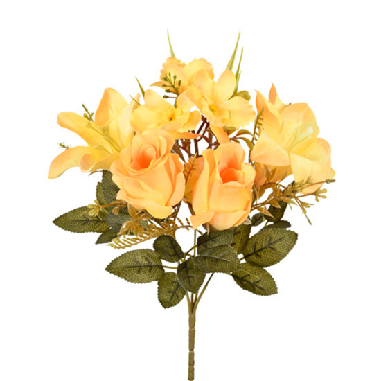 Imagem BUQUÊ MISTO DECORATIVO DE ROSA LÍRIO E ORQUÍDEA AMARELA EM PLÁSTICO 30X17CM - GRILLO