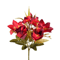 Imagem de BUQUÊ MISTO DECORATIVO DE ROSA LÍRIO E ORQUÍDEA VERMELHA EM PLÁSTICO 30X17CM - GRILLO - Grillo Ltda