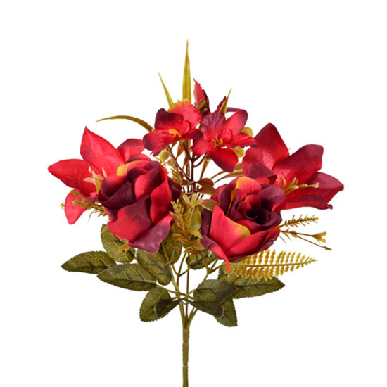 Imagem BUQUÊ MISTO DECORATIVO DE ROSA LÍRIO E ORQUÍDEA VERMELHA EM PLÁSTICO 30X17CM - GRILLO