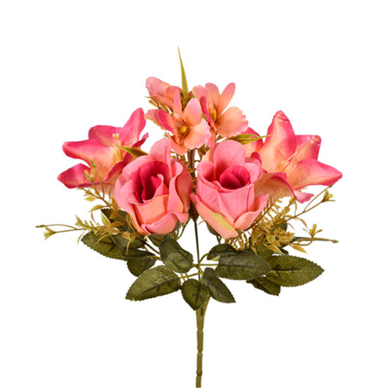 Imagem BUQUÊ MISTO DECORATIVO DE ROSA LÍRIO E ORQUÍDEA ROSA OUTONO EM PLÁSTICO - GRILLO