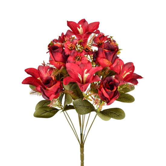 Imagem BUQUÊ DECORATIVO DE ROSA E LÍRIO VERMELHO OUTONO EM PLÁSTICO MOLDÁVEL 46X22CM GRILLO