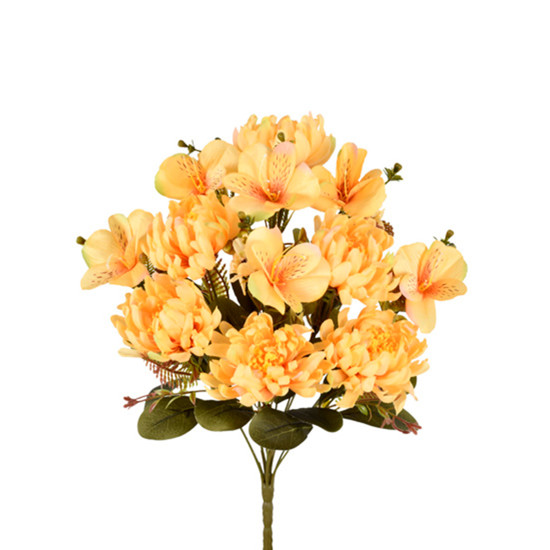 Imagem BUQUÊ MISTO DE LÍRIO E CRISÂNTEMO AMARELO OUTONO EM PLÁSTICO MOLDÁVEL - GRILLO