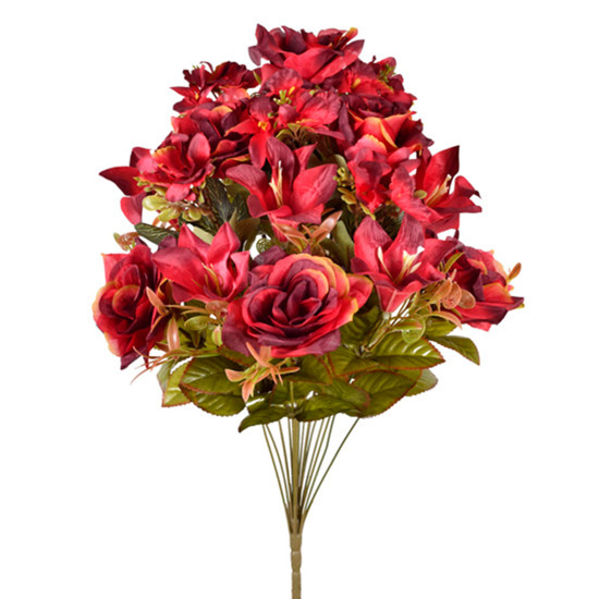 Imagem BUQUÊ MISTO DECORATIVO DE ROSA LÍRIO E ORQUÍDEA VERMELHA EM PLÁSTICO - GRILLO