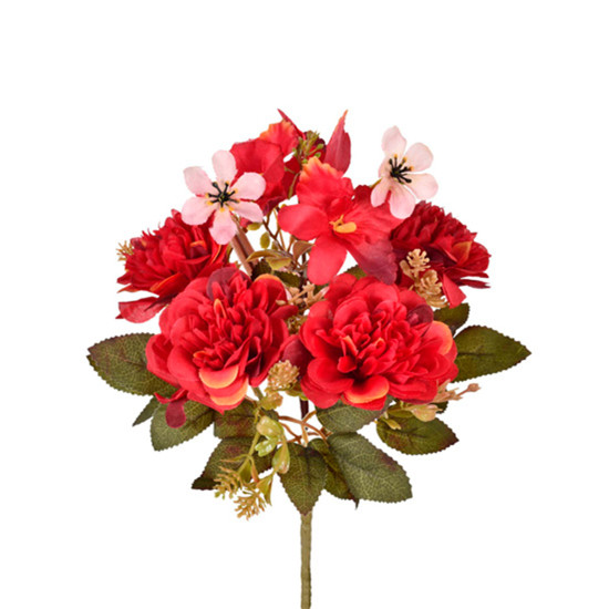 Imagem BUQUÊ MISTO DECORATIVO DE ZINNIA E ORQUÍDEA VERMELHA EM PLÁSTICO MOLDÁVEL - GRILLO