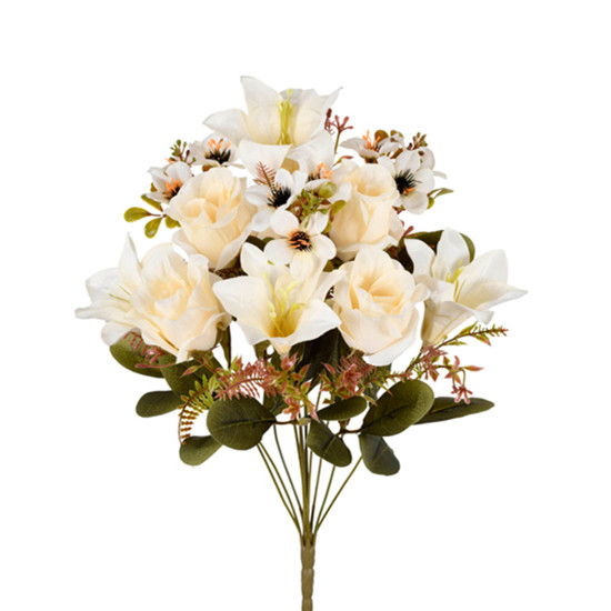 Imagem BUQUÊ DECORATIVO DE ROSA E LÍRIO CREME EM PLÁSTICO MOLDÁVEL 46X22CM - GRILLO