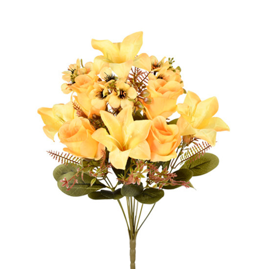 Imagem BUQUÊ DECORATIVO DE ROSA E LÍRIO AMARELO OUTONO EM PLÁSTICO MOLDÁVEL 46X22CM GRILLO